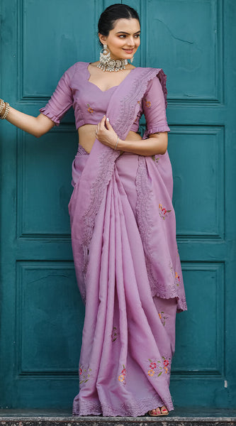 Classic Lavender Embroidery Work Tussar Silk Saree With Flameboyant Blouse Piece