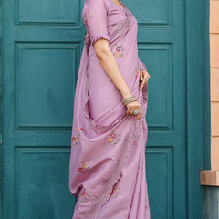 Classic Lavender Embroidery Work Tussar Silk Saree With Flameboyant Blouse Piece