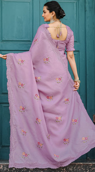 Classic Lavender Embroidery Work Tussar Silk Saree With Flameboyant Blouse Piece