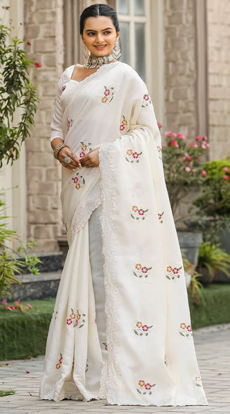 Radiant Off White Embroidery Work Tussar Silk Saree With Blooming Blouse Piece