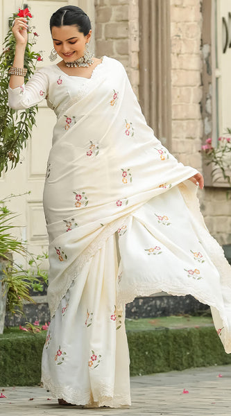 Radiant Off White Embroidery Work Tussar Silk Saree With Blooming Blouse Piece