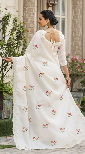 Radiant Off White Embroidery Work Tussar Silk Saree With Blooming Blouse Piece