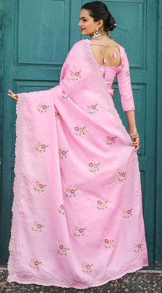 Demanding Pink Embroidery Work Tussar Silk Saree With Outstanding Blouse Piece