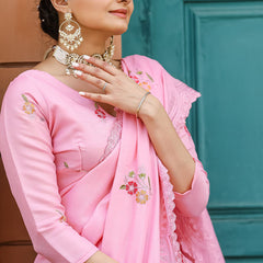 Demanding Pink Embroidery Work Tussar Silk Saree With Outstanding Blouse Piece
