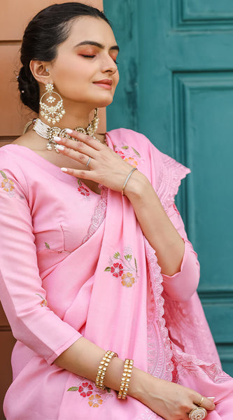Demanding Pink Embroidery Work Tussar Silk Saree With Outstanding Blouse Piece