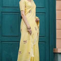 Attractive Yellow Embroidery Work Tussar Silk Saree With Lovely Blouse Piece