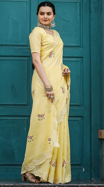 Attractive Yellow Embroidery Work Tussar Silk Saree With Lovely Blouse Piece
