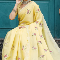 Attractive Yellow Embroidery Work Tussar Silk Saree With Lovely Blouse Piece