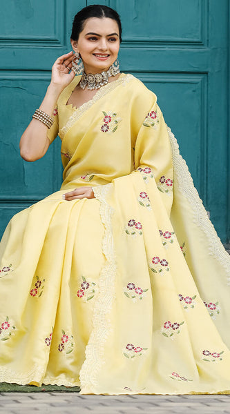 Attractive Yellow Embroidery Work Tussar Silk Saree With Lovely Blouse Piece