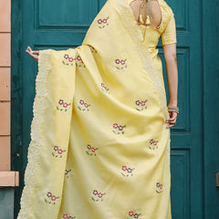 Attractive Yellow Embroidery Work Tussar Silk Saree With Lovely Blouse Piece