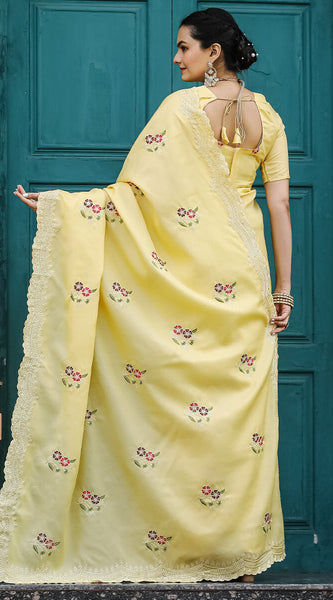 Attractive Yellow Embroidery Work Tussar Silk Saree With Lovely Blouse Piece