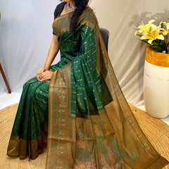 Murmurous Dark Green Printed Soft Chanderi Silk Saree With Efflorescence Blouse Piece