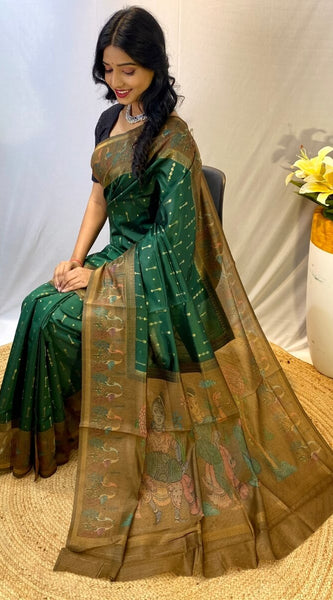 Murmurous Dark Green Printed Soft Chanderi Silk Saree With Efflorescence Blouse Piece
