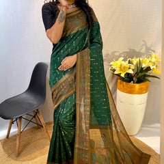 Murmurous Dark Green Printed Soft Chanderi Silk Saree With Efflorescence Blouse Piece