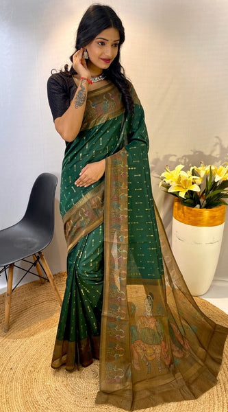 Murmurous Dark Green Printed Soft Chanderi Silk Saree With Efflorescence Blouse Piece