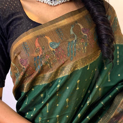 Murmurous Dark Green Printed Soft Chanderi Silk Saree With Efflorescence Blouse Piece