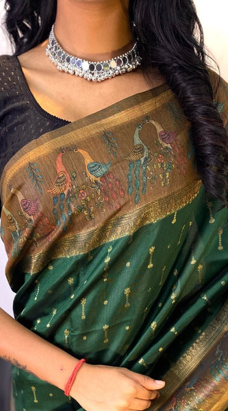 Murmurous Dark Green Printed Soft Chanderi Silk Saree With Efflorescence Blouse Piece
