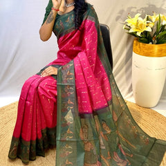 Divine Dark Pink Printed Soft Chanderi Silk Saree With Elision Blouse Piece