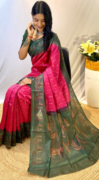 Divine Dark Pink Printed Soft Chanderi Silk Saree With Elision Blouse Piece