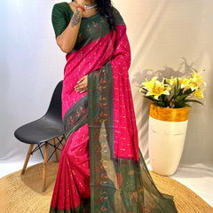 Divine Dark Pink Printed Soft Chanderi Silk Saree With Elision Blouse Piece