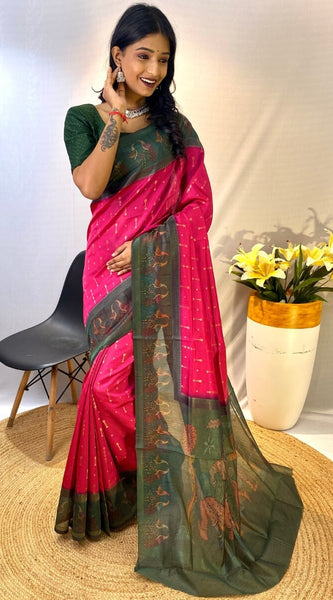 Divine Dark Pink Printed Soft Chanderi Silk Saree With Elision Blouse Piece