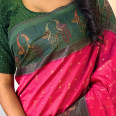 Divine Dark Pink Printed Soft Chanderi Silk Saree With Elision Blouse Piece