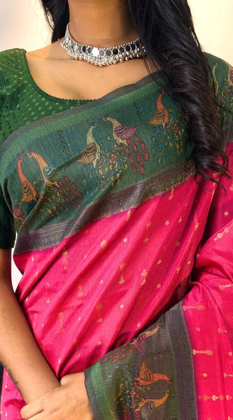 Divine Dark Pink Printed Soft Chanderi Silk Saree With Elision Blouse Piece