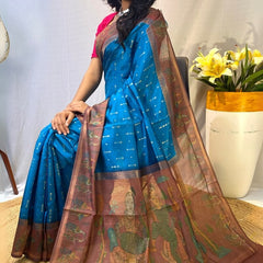 Palimpsest Firozi Printed Soft Chanderi Silk Saree With Sumptuous Blouse Piece