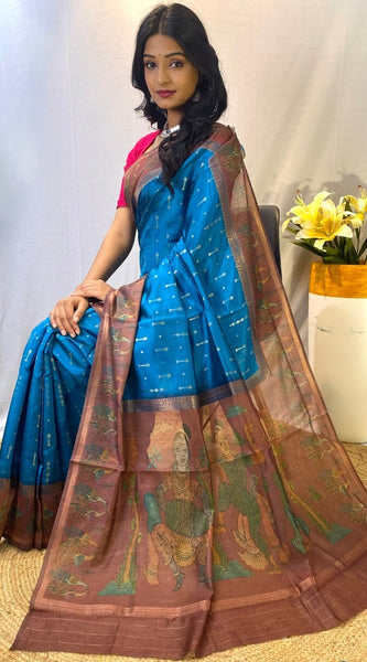 Palimpsest Firozi Printed Soft Chanderi Silk Saree With Sumptuous Blouse Piece
