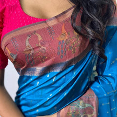 Palimpsest Firozi Printed Soft Chanderi Silk Saree With Sumptuous Blouse Piece