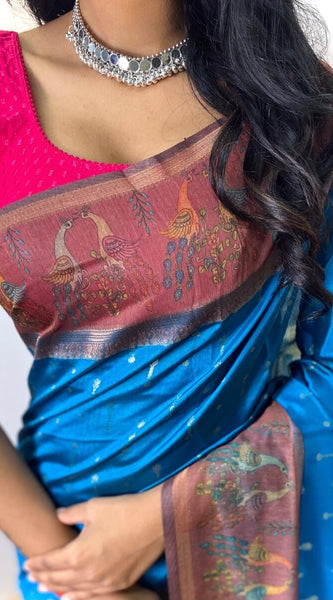 Palimpsest Firozi Printed Soft Chanderi Silk Saree With Sumptuous Blouse Piece