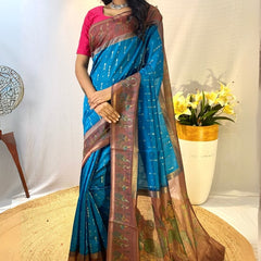 Palimpsest Firozi Printed Soft Chanderi Silk Saree With Sumptuous Blouse Piece