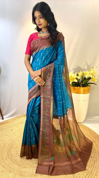 Palimpsest Firozi Printed Soft Chanderi Silk Saree With Sumptuous Blouse Piece