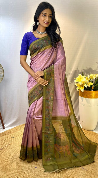 Entrancing Lavender Printed Soft Chanderi Silk Saree With Radiant Blouse Piece