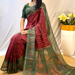 Surpassing Maroon Printed Soft Chanderi Silk Saree With Gratifying Blouse Piece