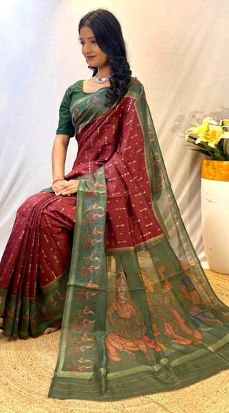 Surpassing Maroon Printed Soft Chanderi Silk Saree With Gratifying Blouse Piece