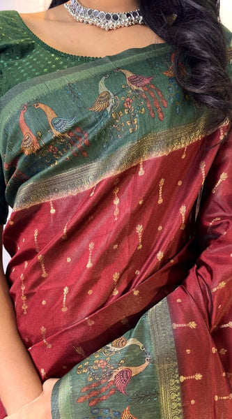 Surpassing Maroon Printed Soft Chanderi Silk Saree With Gratifying Blouse Piece