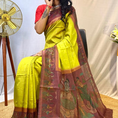 Energetic Mehndi Printed Soft Chanderi Silk Saree With Classy Blouse Piece