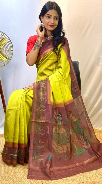 Energetic Mehndi Printed Soft Chanderi Silk Saree With Classy Blouse Piece