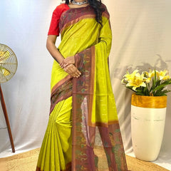Energetic Mehndi Printed Soft Chanderi Silk Saree With Classy Blouse Piece