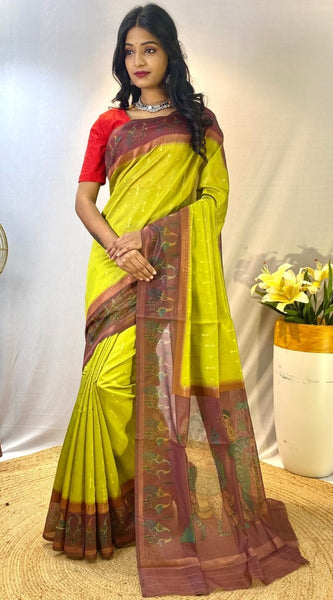 Energetic Mehndi Printed Soft Chanderi Silk Saree With Classy Blouse Piece