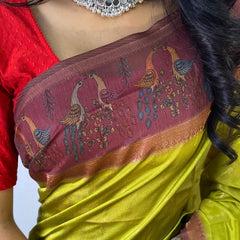 Energetic Mehndi Printed Soft Chanderi Silk Saree With Classy Blouse Piece