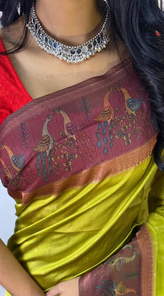 Energetic Mehndi Printed Soft Chanderi Silk Saree With Classy Blouse Piece