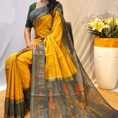Trendy Mustard Printed Soft Chanderi Silk Saree With Appealing Blouse Piece