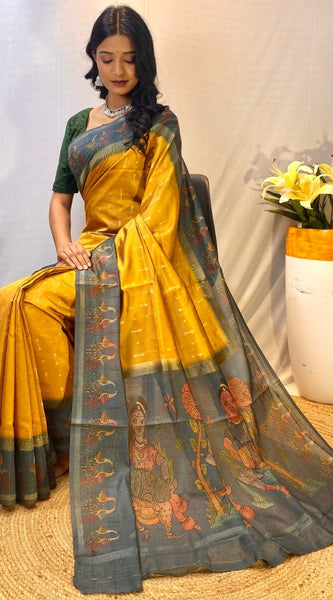 Trendy Mustard Printed Soft Chanderi Silk Saree With Appealing Blouse Piece