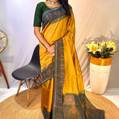 Trendy Mustard Printed Soft Chanderi Silk Saree With Appealing Blouse Piece