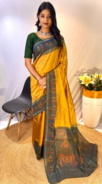 Trendy Mustard Printed Soft Chanderi Silk Saree With Appealing Blouse Piece