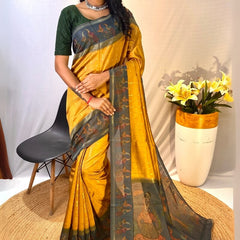 Trendy Mustard Printed Soft Chanderi Silk Saree With Appealing Blouse Piece