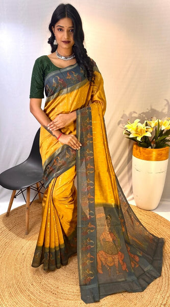 Trendy Mustard Printed Soft Chanderi Silk Saree With Appealing Blouse Piece