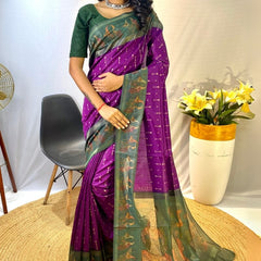 Desiring Purple Printed Soft Chanderi Silk Saree With Prettiest Blouse Piece